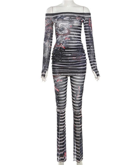 Y2K Edgy Dragon Tattoo Sheer Mesh Two-Piece Set - Off-Shoulder Top & Pants for Fall/Halloween