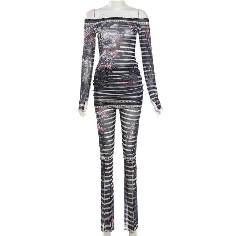 Y2K Edgy Dragon Tattoo Sheer Mesh Two-Piece Set - Off-Shoulder Top & Pants for Fall/Halloween
