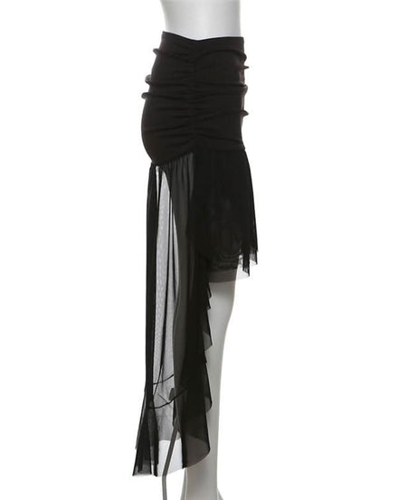 Dramatic Gothic High-Low Mesh Skirt - Fall Edgy Ruffle Maxi for Halloween