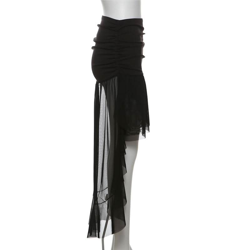 Dramatic Gothic High-Low Mesh Skirt - Fall Edgy Ruffle Maxi for Halloween