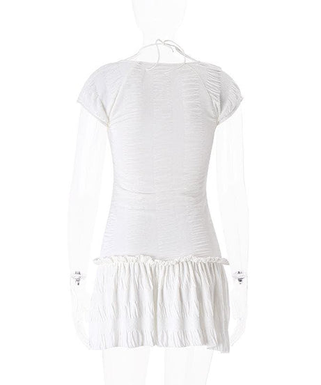 Dreamy White Ruched Mini Dress | Halter Neck Textured Resort & Vacation Essential