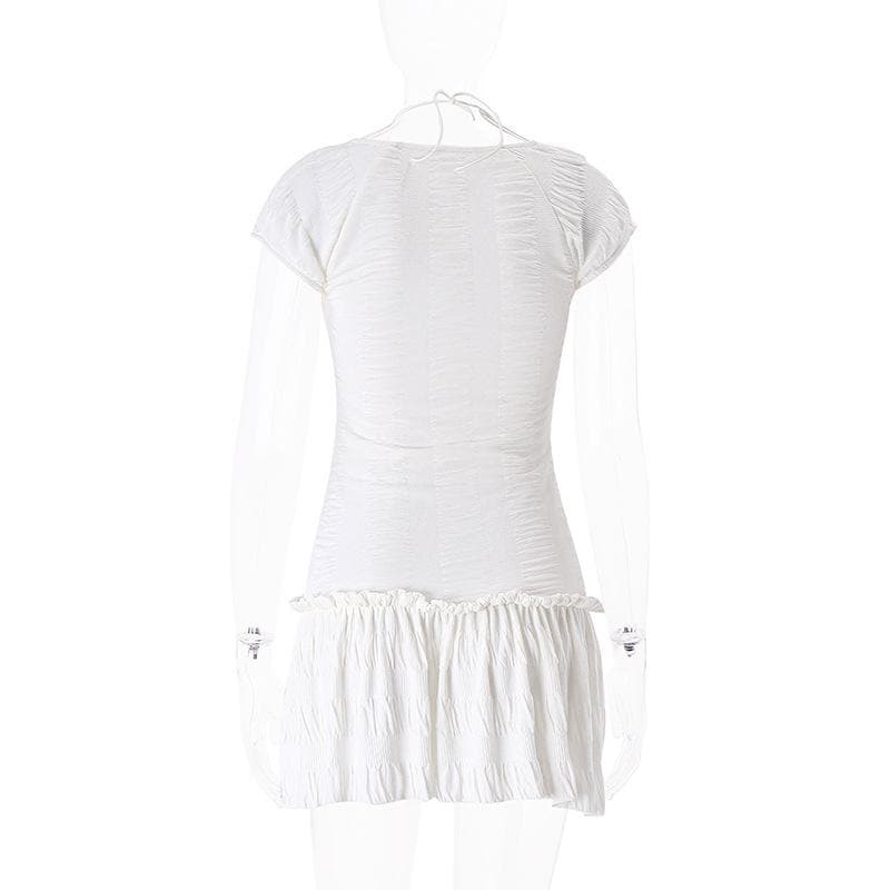 Dreamy White Ruched Mini Dress | Halter Neck Textured Resort & Vacation Essential