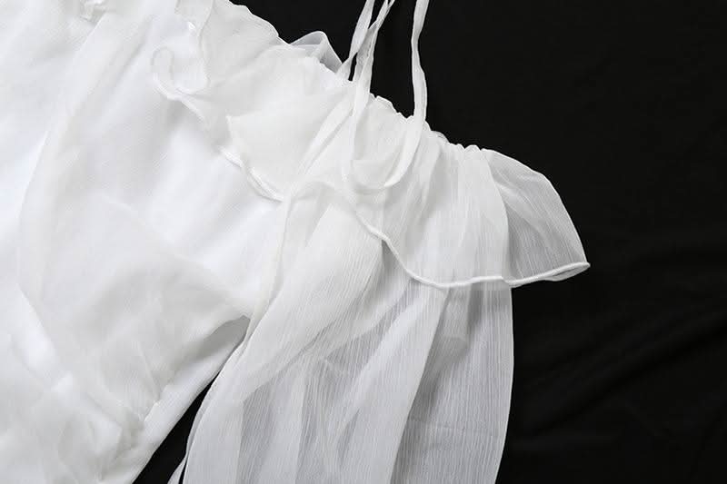 Enchanted Aura White Off-Shoulder Halter Mini Dress | Ruffle Chiffon Bow for Fall Parties & Chic Halloween