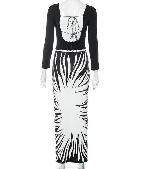 Fall Glam: Zebra Print Two-Piece Maxi Skirt Set with Mythical Graphic Crop Top - Statement Co-ord for Women