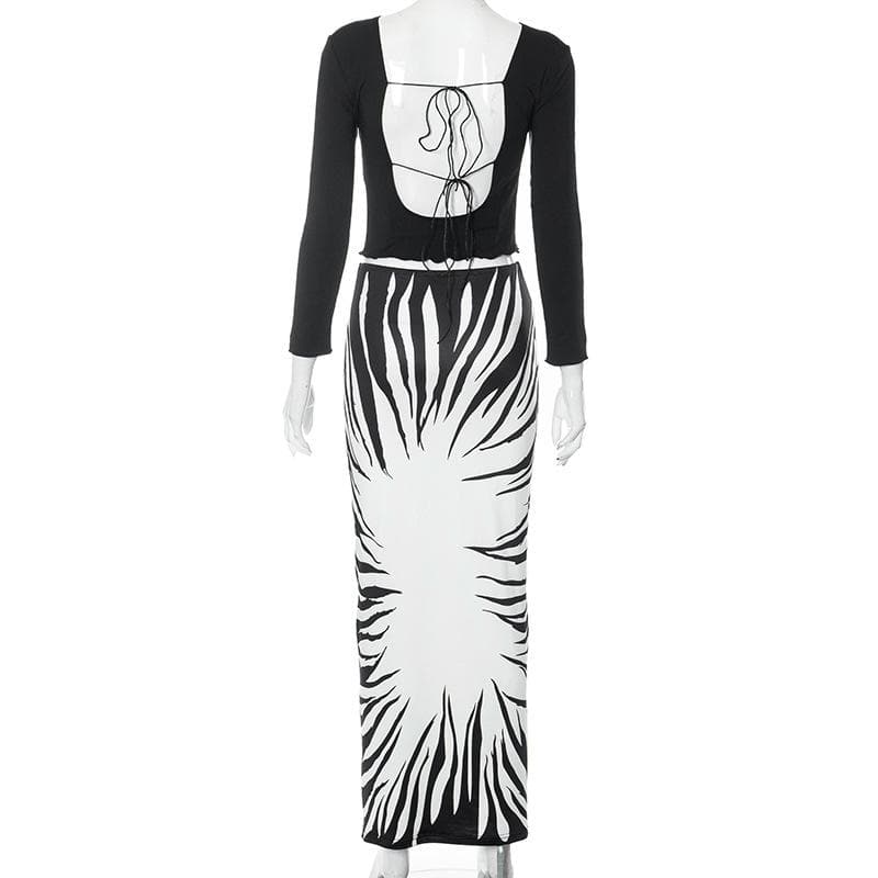 Fall Glam: Zebra Print Two-Piece Maxi Skirt Set with Mythical Graphic Crop Top - Statement Co-ord for Women