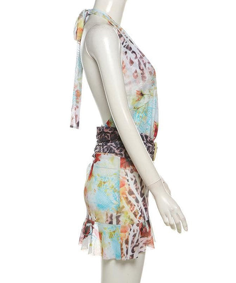 Daring Fall Floral & Leopard Halter Mini Dress - Deep V Mesh Party Style