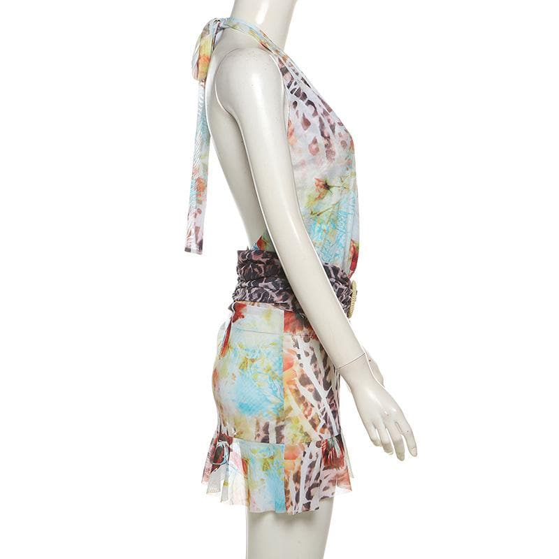 Daring Fall Floral & Leopard Halter Mini Dress - Deep V Mesh Party Style