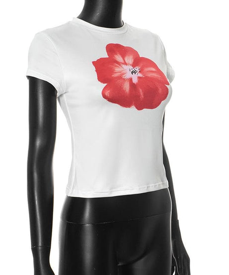 Vibrant Red Poppy Floral Tee | Women's Soft & Stretchy Short Sleeve Top for Fall Style
