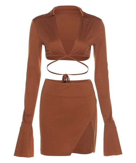 Autumn Radiance: Chic Flared Sleeve Crop Top & Slit Mini Skirt Set