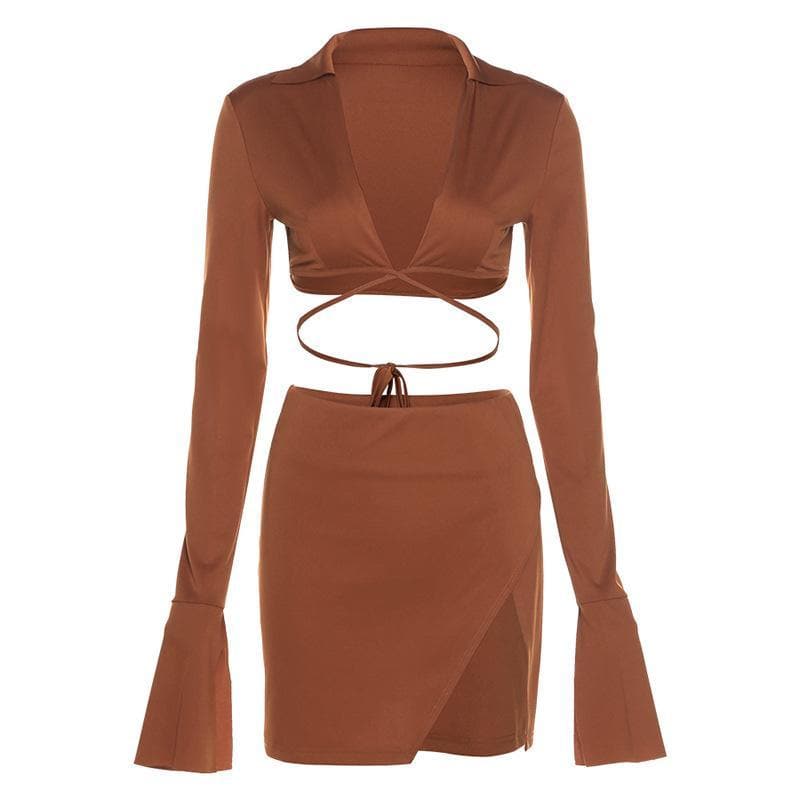 Autumn Radiance: Chic Flared Sleeve Crop Top & Slit Mini Skirt Set
