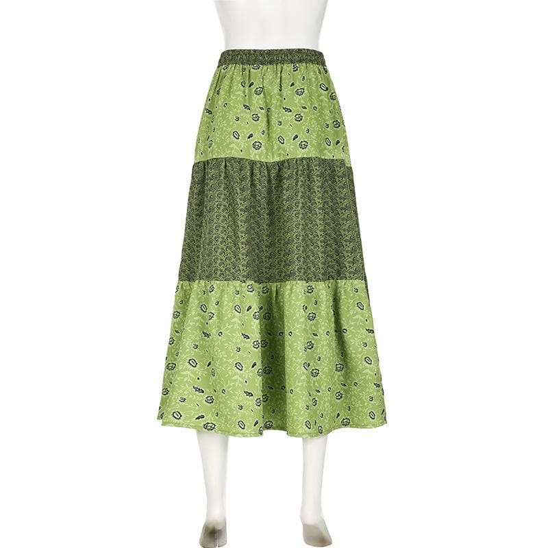 Boho Chic Patchwork Maxi Skirt - Effortless Green Style for Fall