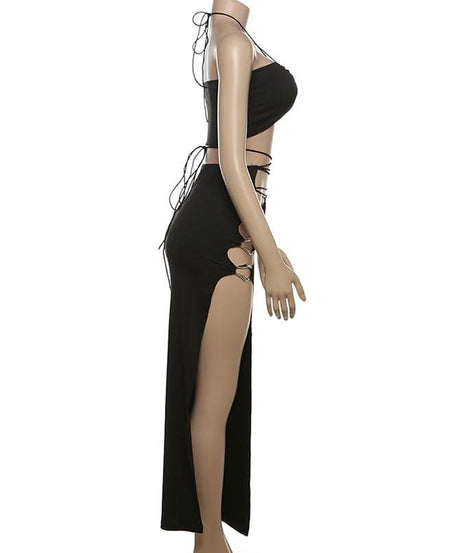 Y2K Goddess O-Ring Halter Crop Top & High Slit Maxi Skirt Set | Black Party & Vacation Wear