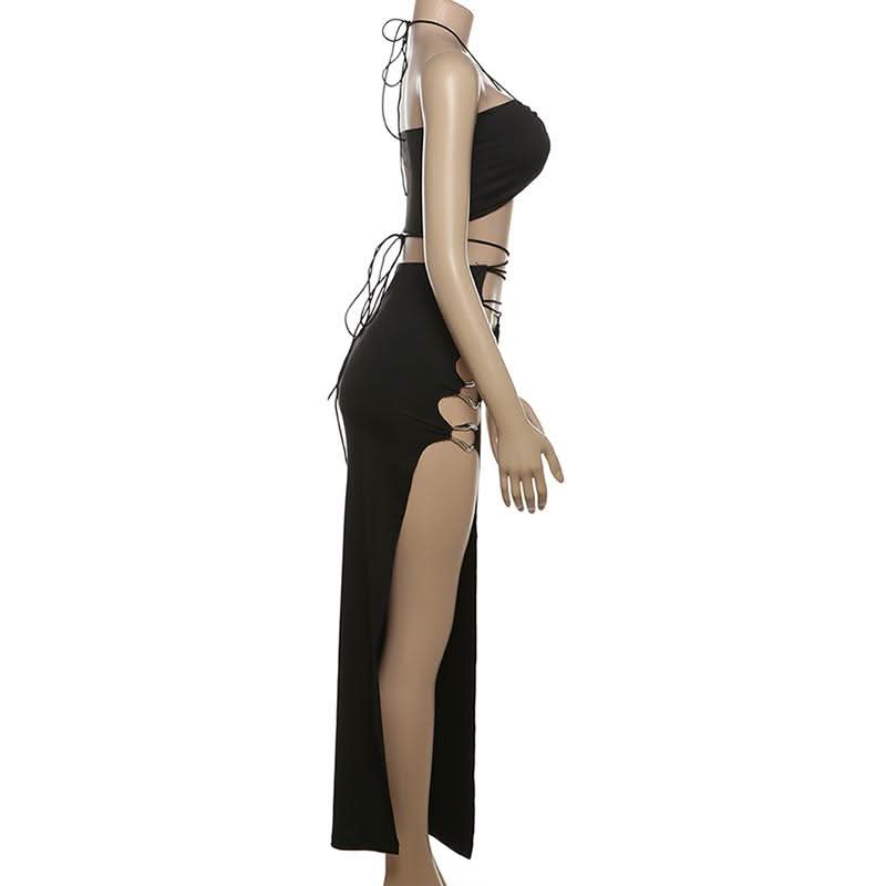 Y2K Goddess O-Ring Halter Crop Top & High Slit Maxi Skirt Set | Black Party & Vacation Wear