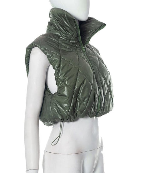 Elevated Olive Green Quilted Puffer Vest – Women's Chic High Collar Fall Layering Essential