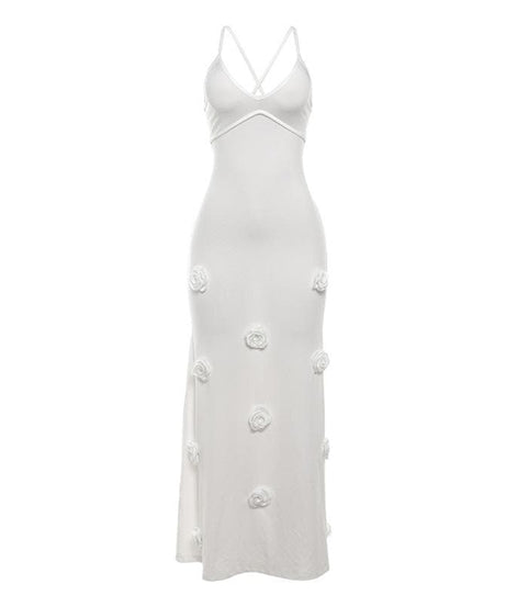 Elegant White Rose Applique Maxi Slip Dress - Perfect for Holiday Soirees & Bridal Moments