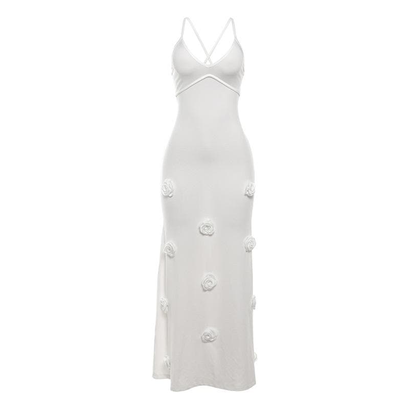 Elegant White Rose Applique Maxi Slip Dress - Perfect for Holiday Soirees & Bridal Moments