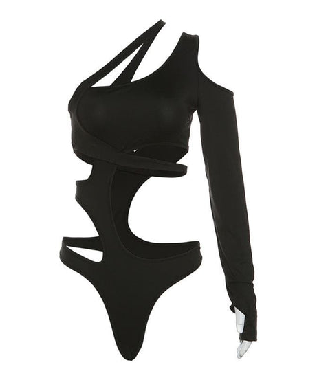Mystic Nights One-Shoulder Cut-Out Bodysuit - Edgy Black Long Sleeve for Fall Parties & Halloween