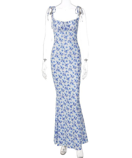 Chic Blue Floral Tie-Shoulder Maxi Dress - Elegant Mermaid Hem for Fall Events & Tropical Getaways
