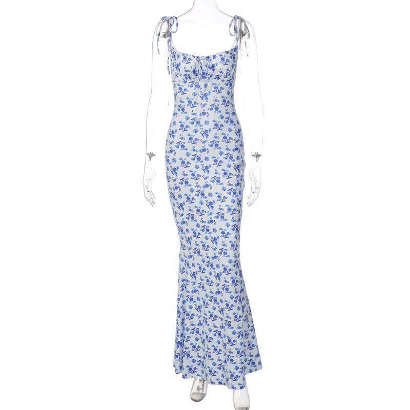 Chic Blue Floral Tie-Shoulder Maxi Dress - Elegant Mermaid Hem for Fall Events & Tropical Getaways
