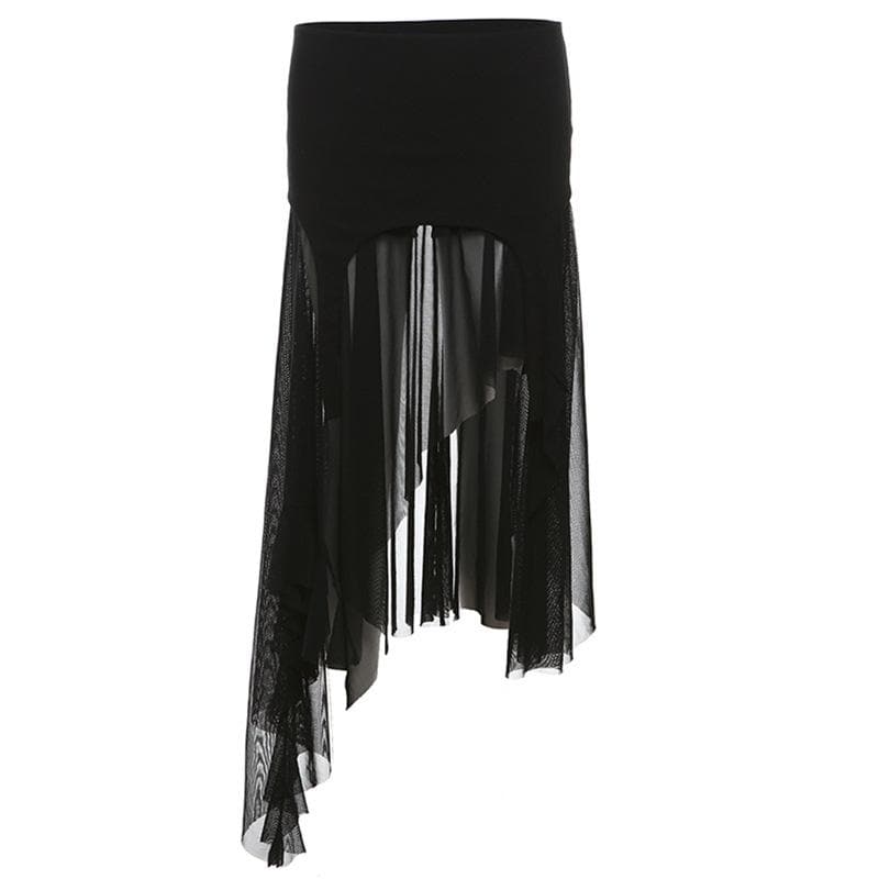Bewitching Black Asymmetrical Mesh Midi Skirt - Edgy Fall & Halloween Essential