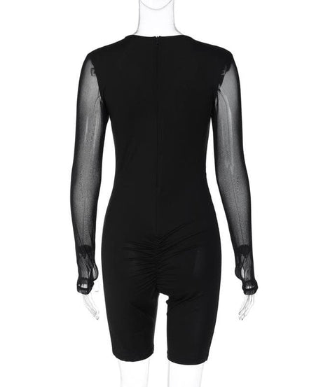 The 'Enigma' Sheer Mesh Patchwork Long Sleeve Romper - Fall Nights Out & Halloween Party Ready