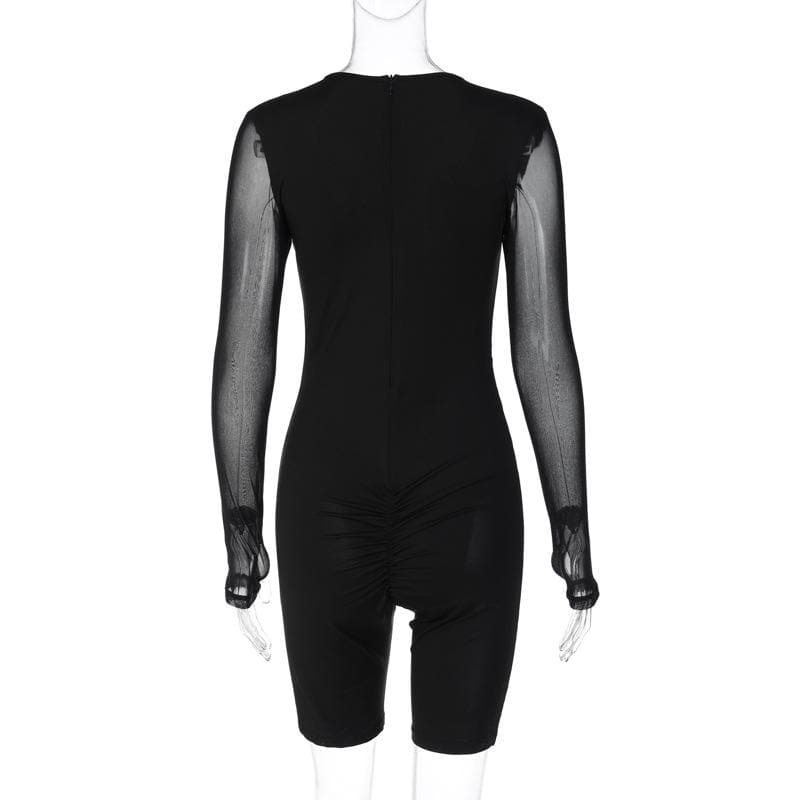 The 'Enigma' Sheer Mesh Patchwork Long Sleeve Romper - Fall Nights Out & Halloween Party Ready