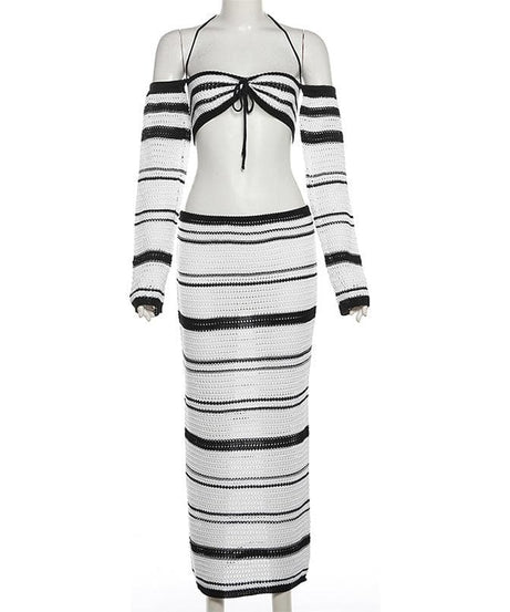 Effortless Fall Style: Striped Knit Maxi Skirt & Lace-Up Off-Shoulder Top Set