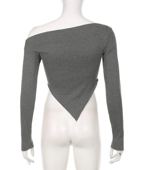 Fall's Must-Have: Ribbed Knit Off-Shoulder Long Sleeve Top with Asymmetrical V-Hem