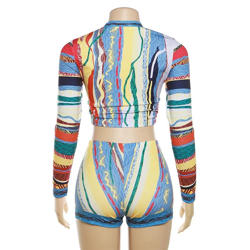 Vibrant Coogi-Inspired Long Sleeve Crop Top & Shorts Set - Chic Fall Loungewear for Women
