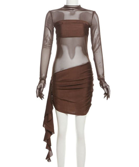 Bronze Siren: Sheer Mesh Ruched Mini Dress with Built-in Gloves - Fall & Holiday Party Ready