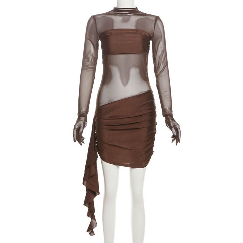 Bronze Siren: Sheer Mesh Ruched Mini Dress with Built-in Gloves - Fall & Holiday Party Ready