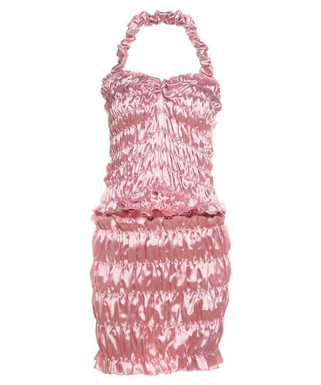 Y2K Barbiecore Pink Ruched Halter Top & Mini Skirt Set - Flirty Party & Halloween Ready