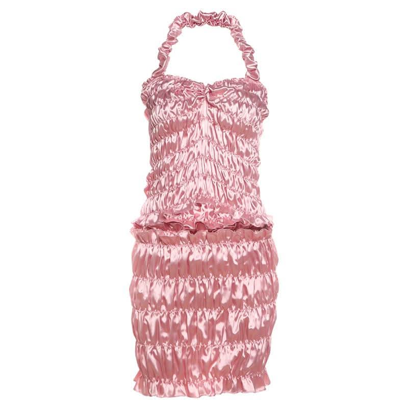 Y2K Barbiecore Pink Ruched Halter Top & Mini Skirt Set - Flirty Party & Halloween Ready