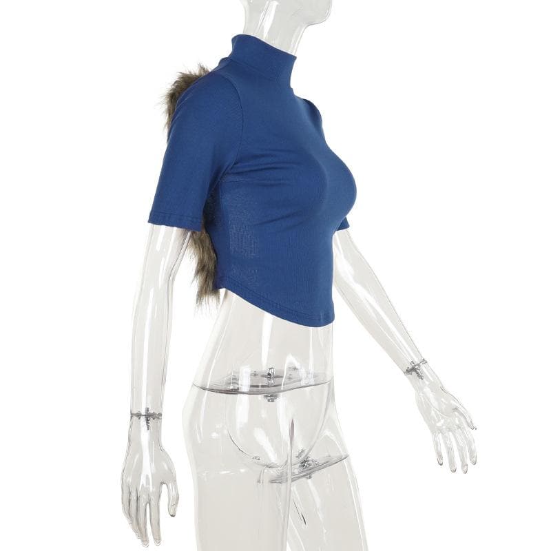 Effortless Fall Style: Chic Navy Blue Mock Neck Short Sleeve Crop Top for Women