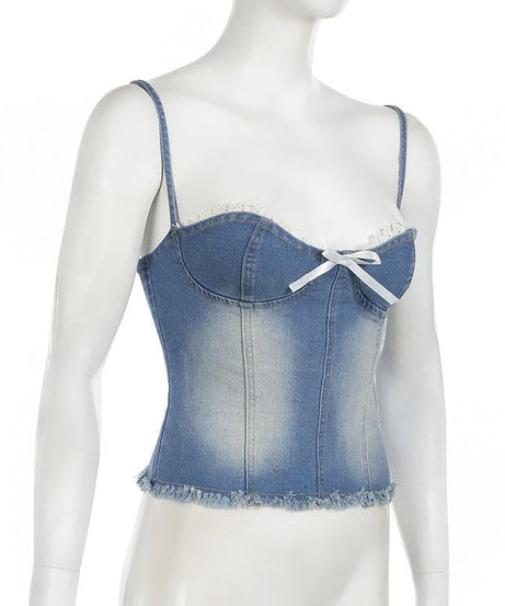 Y2K Coquette Denim Bustier Cami Top with Dainty Lace & Bow - Fall Ready Frayed Hem