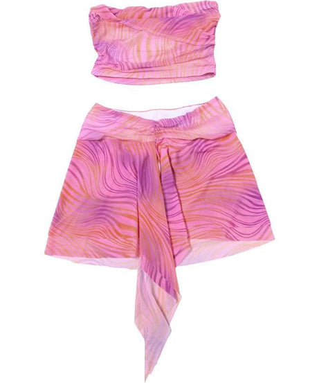 Y2K Pink Swirl Mesh Two-Piece Set: Strapless Crop Top & Asymmetric Mini Skirt - Perfect for Fall Getaways & Parties