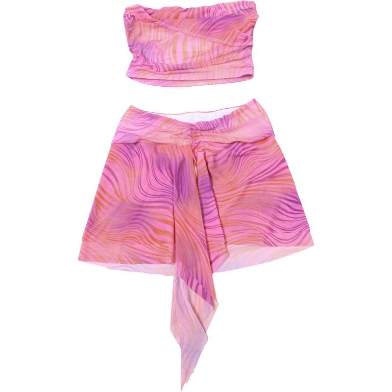 Y2K Pink Swirl Mesh Two-Piece Set: Strapless Crop Top & Asymmetric Mini Skirt - Perfect for Fall Getaways & Parties