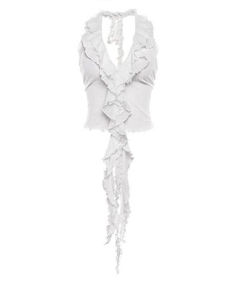 Y2K Inspired Sheer Ruffle Halter Crop Top - Flirty V-Neck Mesh Top for Fall Nights & Vacations