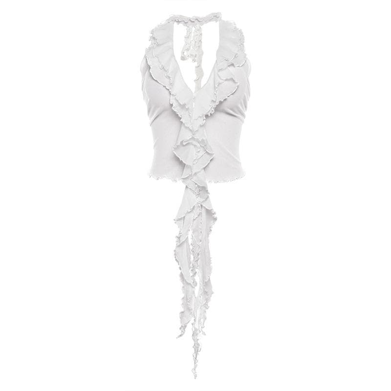 Y2K Inspired Sheer Ruffle Halter Crop Top - Flirty V-Neck Mesh Top for Fall Nights & Vacations
