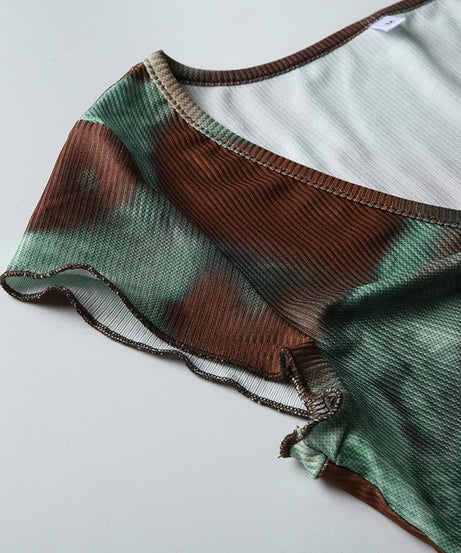 Effortless Fall Chic: Earthy Swirl Ribbed Knit V-Neck Cap Sleeve Top