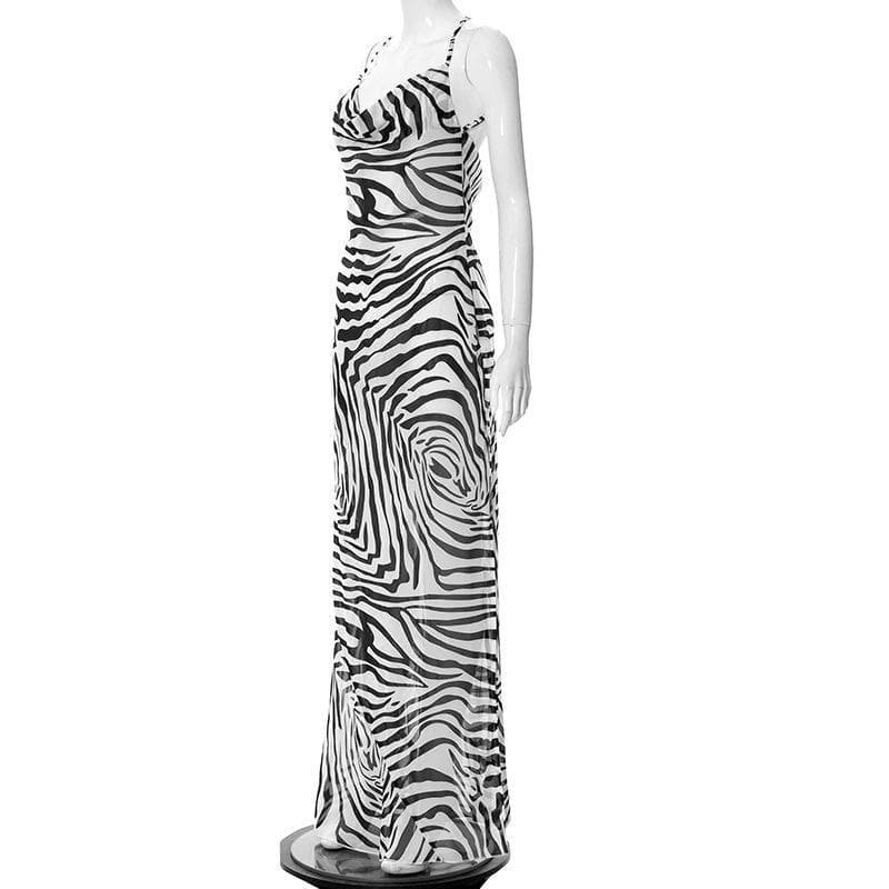 Head-Turning Zebra Print Cowl Neck Halter Maxi Dress - Chic Open Back for Fall Vacations
