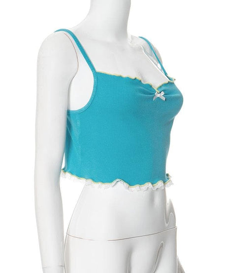 Sweetheart Teal Ribbed Cami Crop Top – Coquette Bow & Lace Ruffle for Fall Layering