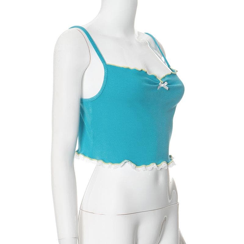 Sweetheart Teal Ribbed Cami Crop Top – Coquette Bow & Lace Ruffle for Fall Layering