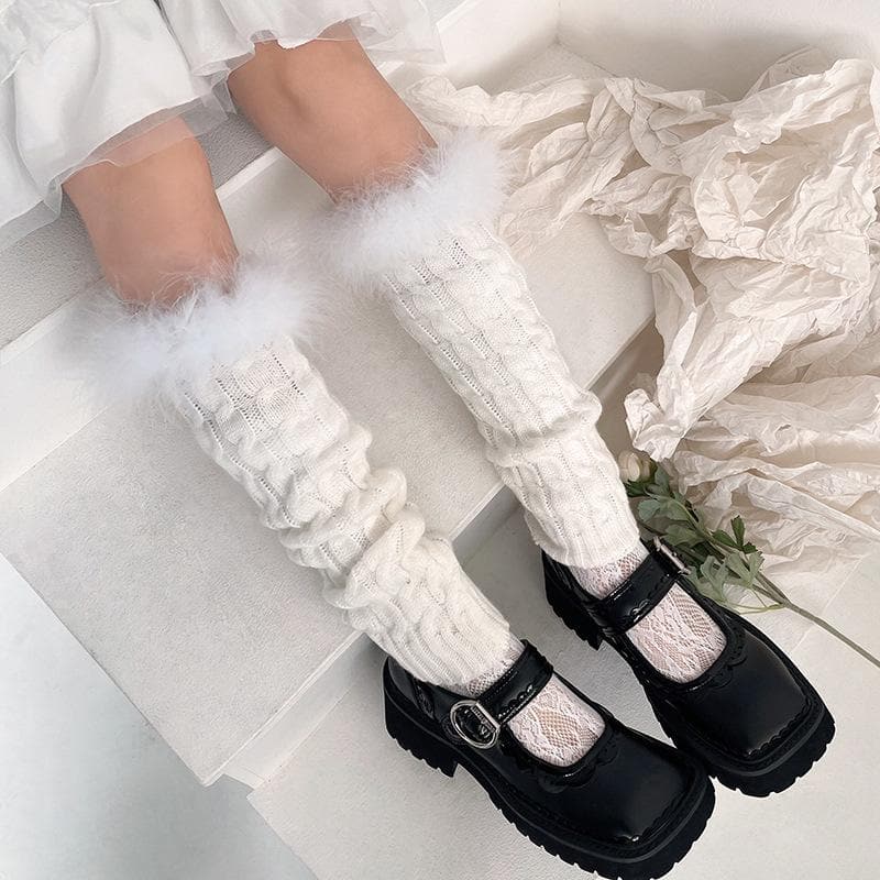 Cozy Fall Chic: Faux Fur Trim Cable Knit Leg Warmers - Y2K Style for Women
