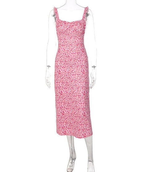 Vibrant Pink Floral Ruched Midi Dress with Ruffle Straps - Chic & Backless for Fall