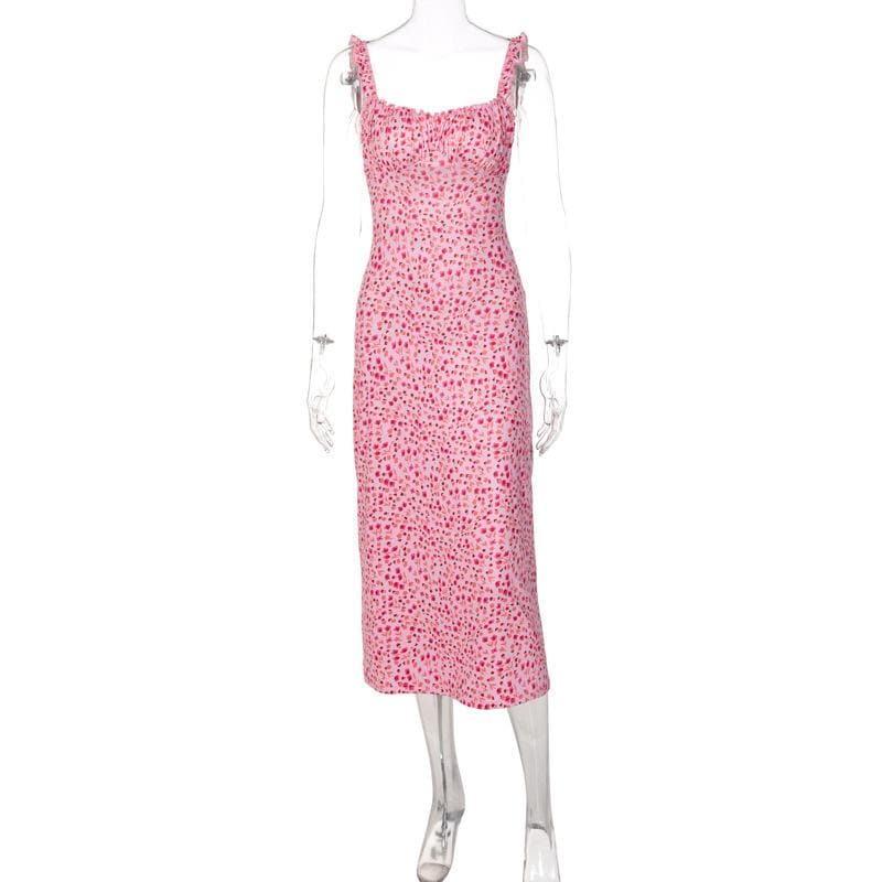 Vibrant Pink Floral Ruched Midi Dress with Ruffle Straps - Chic & Backless for Fall