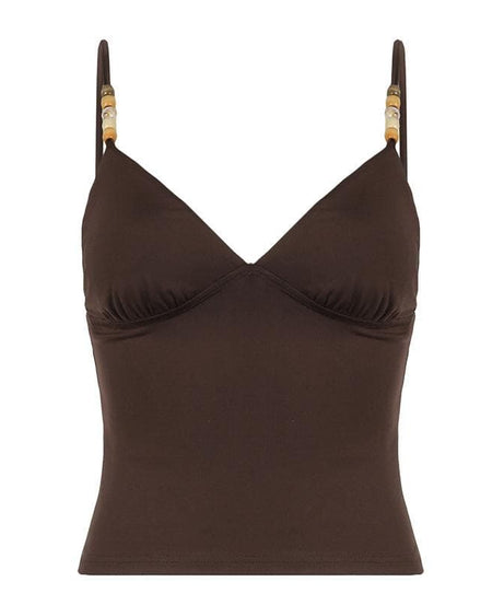 Fall Chic Espresso Cami Top: Pearl & Wood Beaded V-Neck Cropped Tank