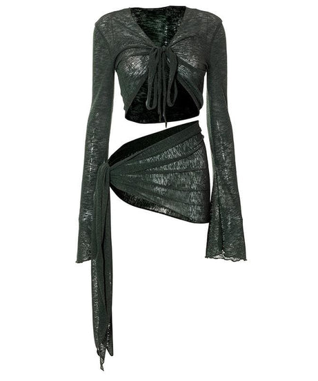 Sultry Sage Sheer Knit Two-Piece Set | Tie-Front Crop Top & Ruched Mini Skirt for Daring Fall Nights