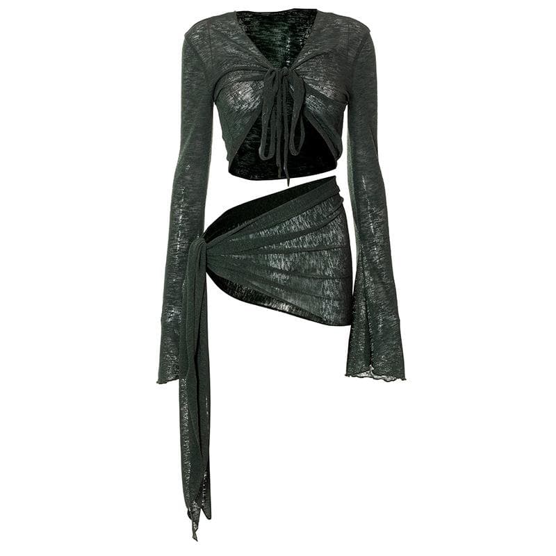 Sultry Sage Sheer Knit Two-Piece Set | Tie-Front Crop Top & Ruched Mini Skirt for Daring Fall Nights