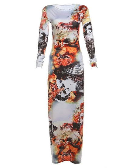 Artistic Renaissance Print Long Sleeve Maxi Dress - Fall Statement Style